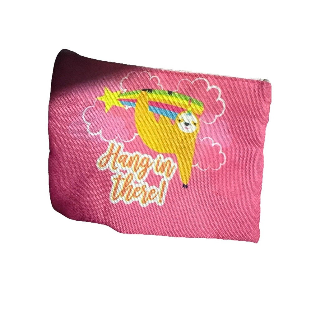 sloth cosmetic bag small pick light pink Hang In There Positive Quotes Rainbow